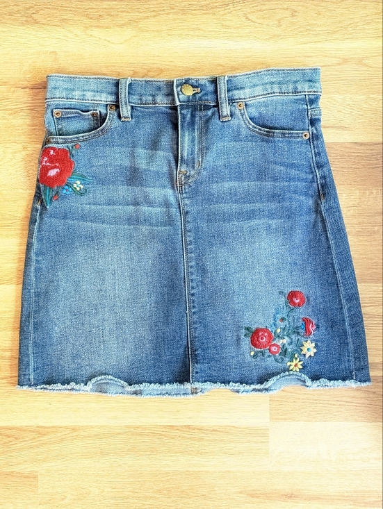 J. Crew Dresses & Skirts - J. CREW Embroidered Denim Skirt, Size 2, Stretch Mini Jean, Raw Hem, w/ pockets!